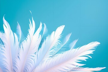 Close up of a white feather on a blue background, made with Generative AI