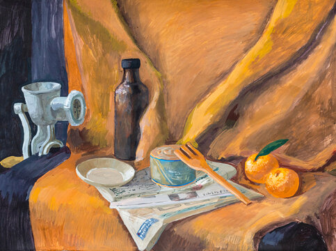 still life with manual meat grinder, newspapers, canned food, oranges hand painted with tempera paints on paper