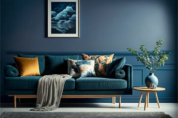 Interior of cozy modern living room with sofa against blank, dark blue wall by Generate AI