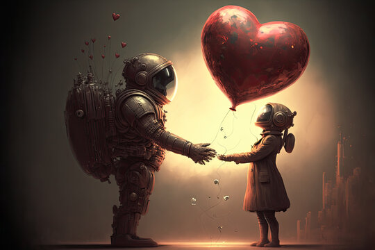 Retro cinematic scene in which an astronaut says goodbye to his girlfriend and gives her a heart shaped balloon as a sign of eternal love. Valentine's Day concept. Generative AI