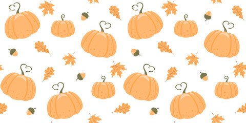 Ripe pumpkins, acorns, maple and oak leaves on a white background. Endless texture with seasonal vegetable. Vector seamless pattern for country fair, farm market, food store, shop and autumn festival