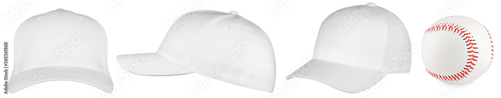 Wall mural set collection of white empty blank baseball cap template in different angles isolated white backgro