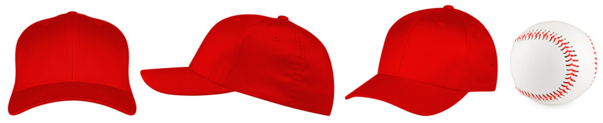 set collection of red empty blank baseball cap template in different angles isolated white...