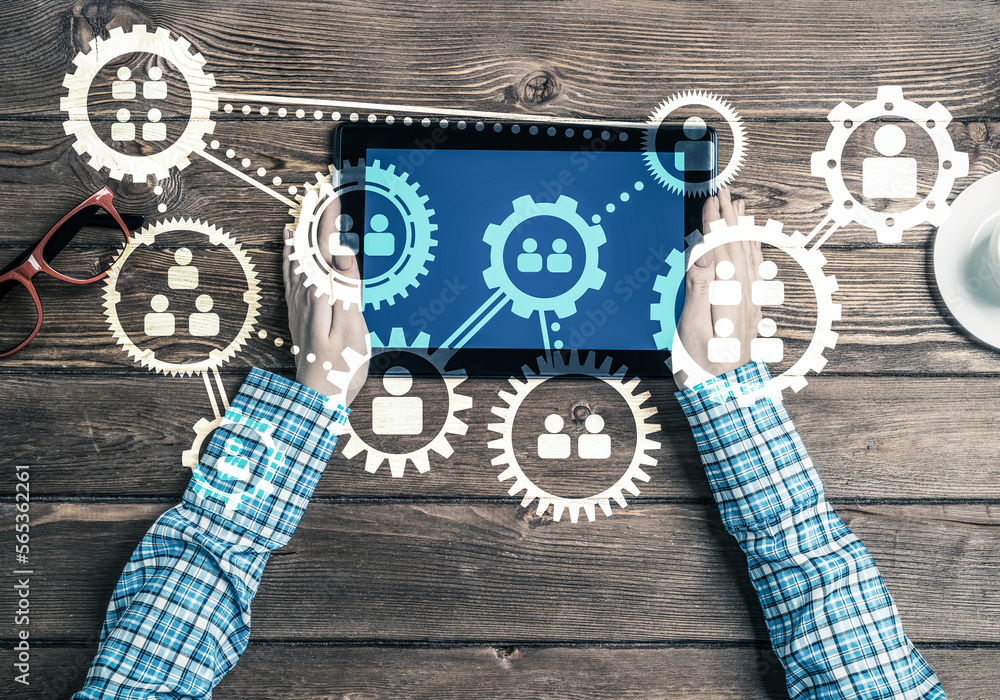 Poster concept of teamworking and connection with gears mechanism and tablet pc