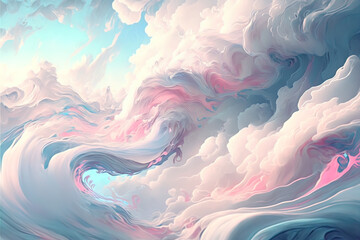 Fototapeta na wymiar Delicate abstract pastel background with clouds and waves. Head and pink liquid fluid art. AI