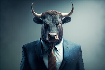 Bull in business suit. Generative AI. - obrazy, fototapety, plakaty