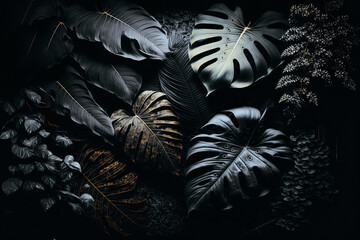 Luxury tropical leaves plant and foliage exotic background abstract of dark botany . Admirable Generative AI image .