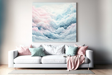 Delicate pastel interior with a picture on a light wall with clouds and waves. Blue and pink liquid fluid art. AI