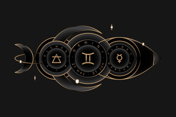 GEMINI zodiac horoscope astrology label with element, planet icon glyph. Thin line sign symbol art design vector illustration