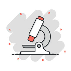 Microscope icon in comic style. Laboratory magnifier cartoon vector illustration on isolated background. Biology instrument splash effect sign business concept.