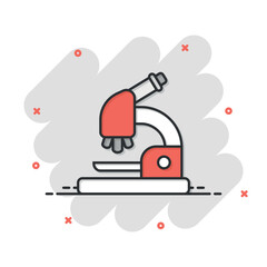 Microscope icon in comic style. Laboratory magnifier cartoon vector illustration on isolated background. Biology instrument splash effect sign business concept.