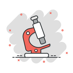 Microscope icon in comic style. Laboratory magnifier cartoon vector illustration on isolated background. Biology instrument splash effect sign business concept.