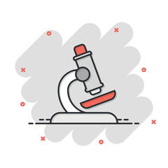 Microscope icon in comic style. Laboratory magnifier cartoon vector illustration on isolated background. Biology instrument splash effect sign business concept.