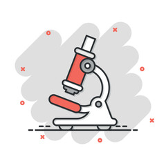 Microscope icon in comic style. Laboratory magnifier cartoon vector illustration on isolated background. Biology instrument splash effect sign business concept.