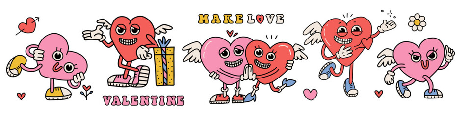 Groovy lovely hearts characters set. Love concept. Happy Valentines day mascots collection. Funky happy heart in trendy retro 80s 70s cartoon style. Vector flat illustration in pink red colors.