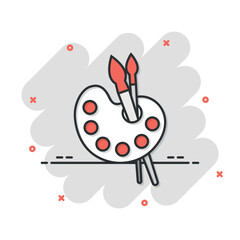 Artist's palette in comic style. Painter's tools cartoon vector illustration on isolated background. Drawing equipment splash effect sign business concept.