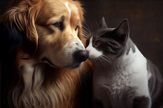 Cat and dog, love, together, generative ai