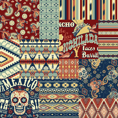 Mexican style traditional fabric patchwork abstract vector seamless pattern - obrazy, fototapety, plakaty