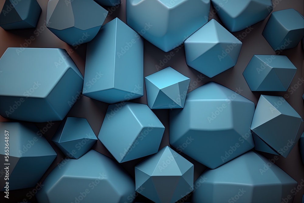 Poster abstract artwork of a cluster of blue polygons on a gray, textured backdrop generative ai