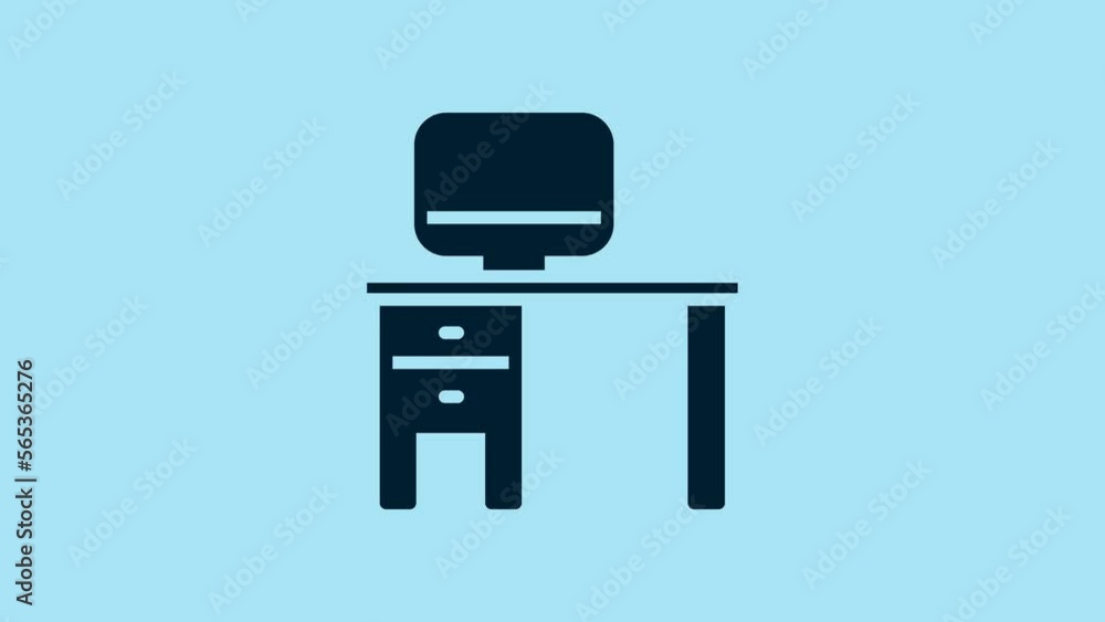 Poster blue computer monitor and desk icon isolated on blue background. pc component sign. 4k video motion 