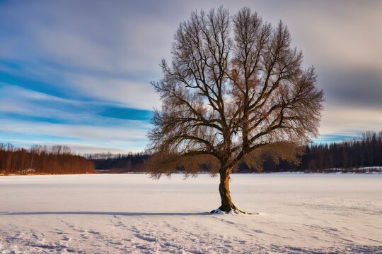 Illustration photo of Lonely frozen tree standing in winter landscape