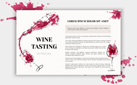 Template for flyer or banner of wine events. Liquid  watercolor effect illustration. Splashes of wine, liquid, drops. Vector design. Layout for wine list, invitation, event or party.