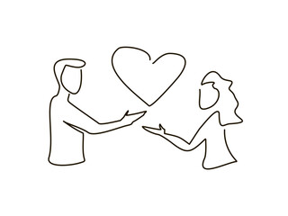 Valentine's Day. Man and woman hold a heart. One line illustration. Give love.