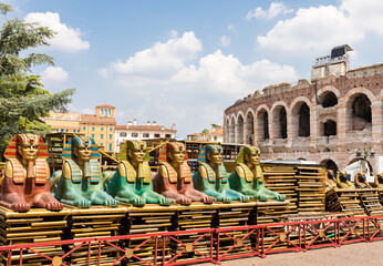 Verona, Italy - preparing the stage for the thetre performance in the famous Arena di Verona - obrazy, fototapety, plakaty