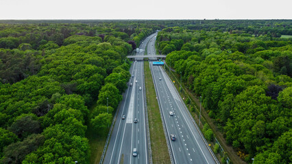 Arial view of a Dutch highway surrounded by trees, in early summer.