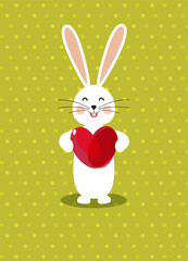 Hare with a red heart on a green background with polka dots. Valentine's Day. Postcard.