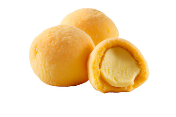 stuffed pão de queijo or cheese bread, isolated on white or cutout in png