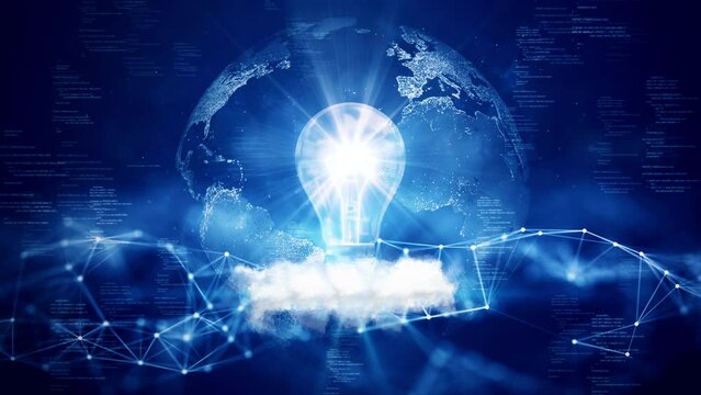 business idea creative concept technology. Light bulb glowing in the abstract world above clouds Polygons and binary code on dark blue background.