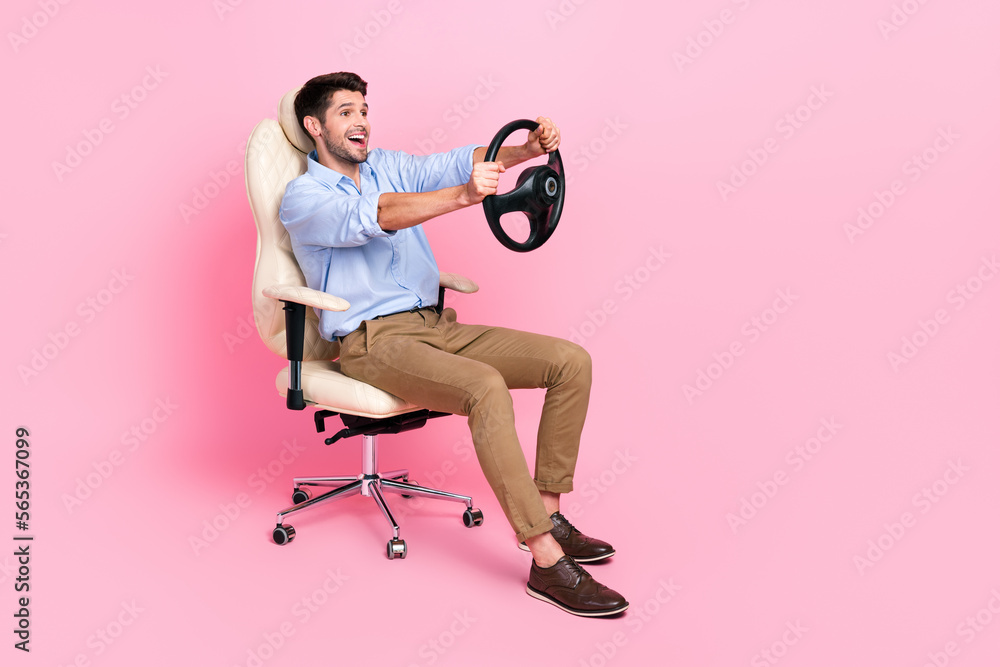 Aufkleber full length photo of funny positive man manager have free time look empty space imagine own car road