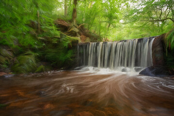 Digital painting of Knypersley Reservoir waterfall in Staffordshire using a long exposure to capture movement in the water.