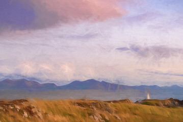 Digital painting of the Llanddwyn island lighthouse, Goleudy Twr Bach at Ynys Llanddwyn on Anglesey, North Wales.