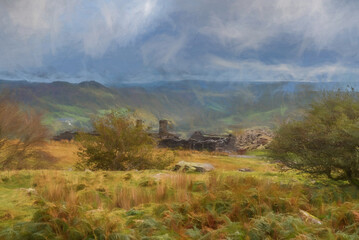 Digital painting of the abandoned Rhos Slate Quarry at Capel Curig, Snowdonia National Park, Wales