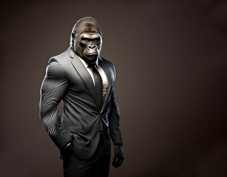  Aggressive gorilla, dressed up like business man. Great ape in an expensive grey business suit, and tie on dark background. Primate is turned to stare and looks confidently, image  with generative ai