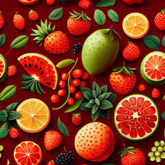 Seamless background with various tropical fruits. Exotic fruit pattern. Red Background