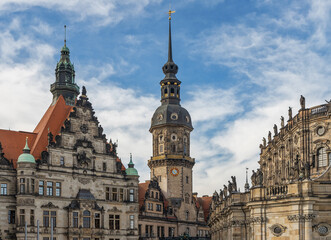 Fototapeta na wymiar Dresden, Germany - October 21st, 2022: Beautiful historic architecture in the center of Dresden, nice and warm autumn day in the middle of October