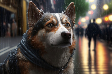 Alaskan Husky in the rain, generative ai
