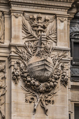 Architectural fragments of the BNP Paribas building on 14 rue Bergere (1881). Paris. France.