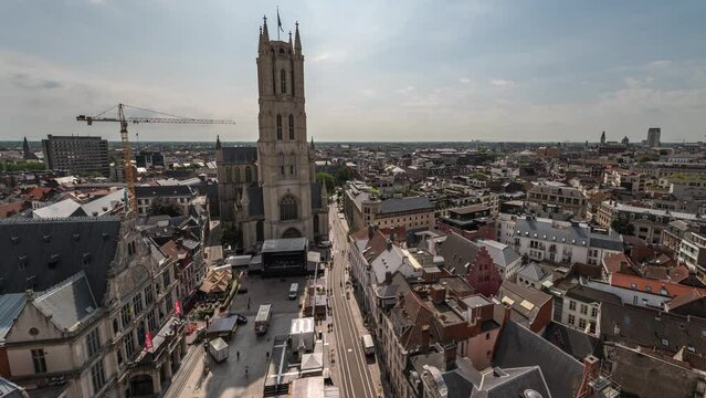 Ghent Belgium time lapse 4K, high angle view city skyline timelapse at Saint Bavo's Cathedral