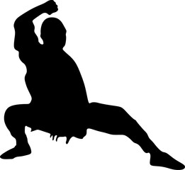 Silhouette art of a man demonstrating martial arts wushu, kung fu exercises. Vector illustration. Wushu icon