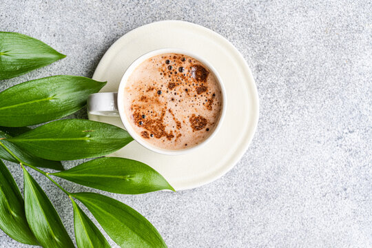 Cup of cappuccino and green leaves