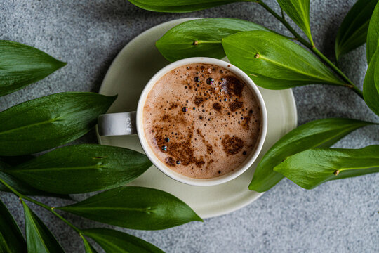 Cup of cappuccino and green leaves