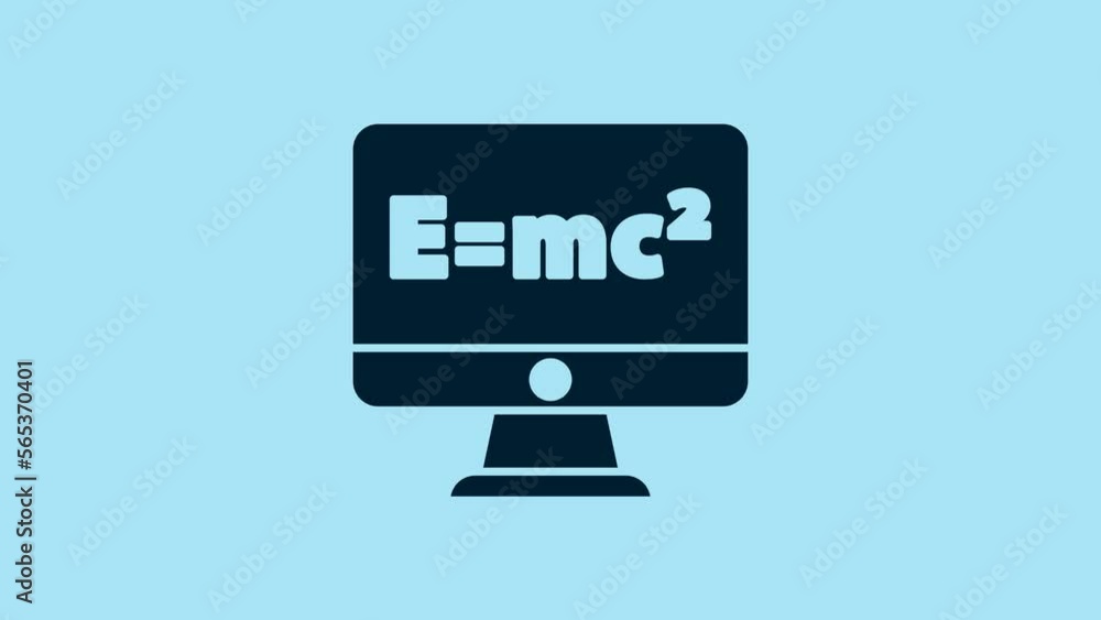 Poster blue math system of equation solution on computer monitor icon isolated on blue background. e equals
