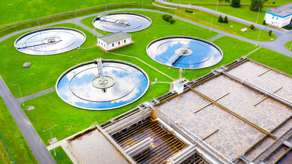 Sewage treatment plant from above. Grey water recycling. Waste management theme.	