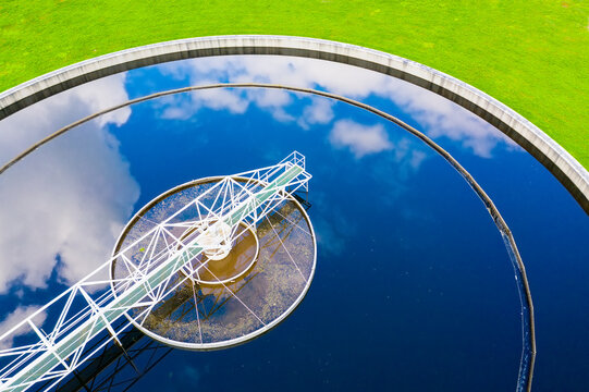 Sewage treatment plant from above. Grey water recycling. Waste management theme.	