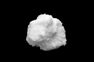 White snow isolated on black background close up