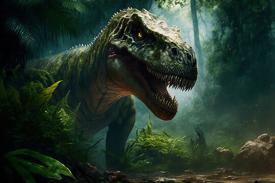A dinosaur is hiding behind the leaves in the old forest. Generative AI. Lovely dinosaur wallpaper. © Fancymega